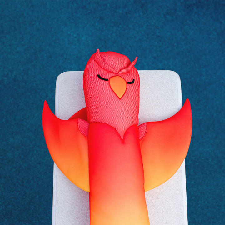 Red and orange bird-shaped pool float on a white block against a blue background #style_phoenix