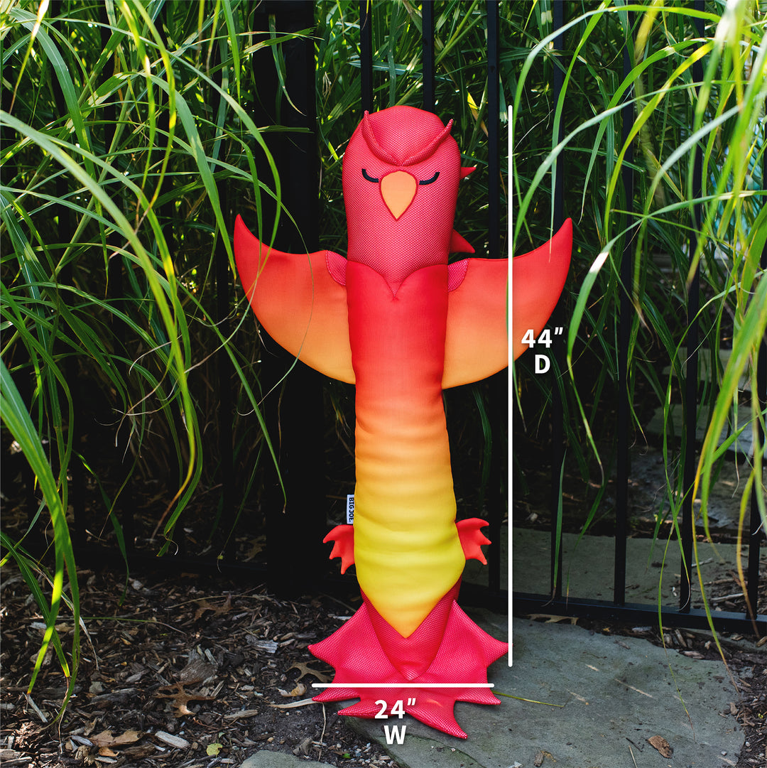 Red and orange phoenix bird pool toy with dimensions against a natural background #style_phoenix