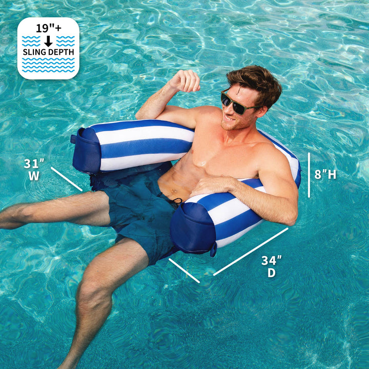 Man lying on a blue and white striped pool float in a pool with measurements displayed. #color_americana-nautical-stripe