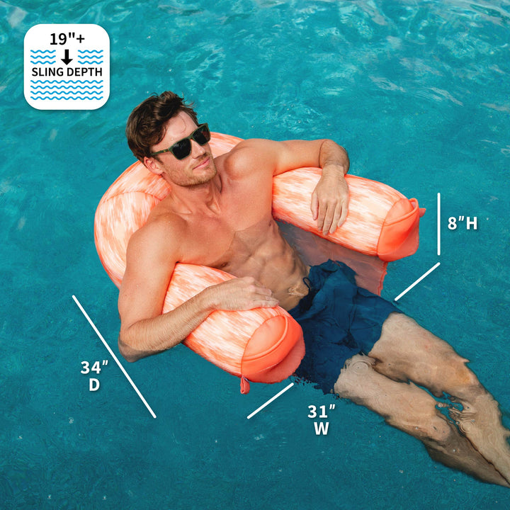 Man lounging on a large pool float with measurements displayed, in a pool setting. #color_peach-glow