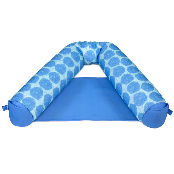 Blue and white patterned triangular pool float chair on a white background #color_coral-bloom