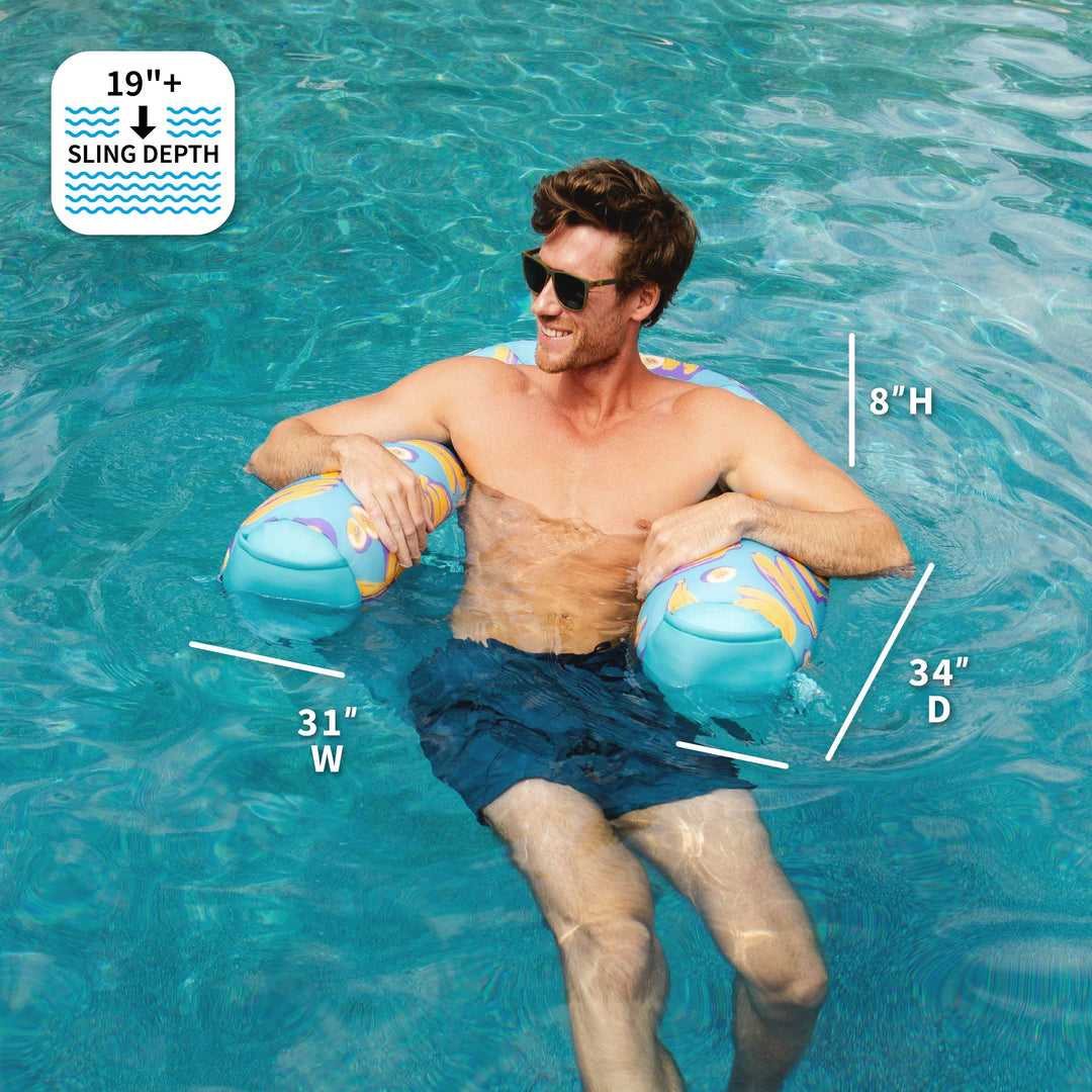 Man floating on a pool float with measurements displayed #color_banana-pop