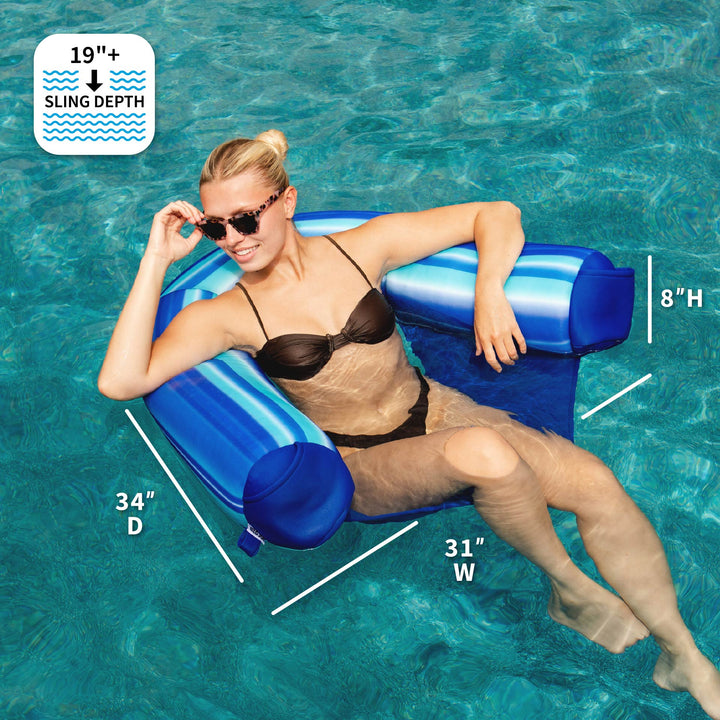 Woman lounging on a blue pool float with measurements displayed, set against a pool background. #color_blurred-blue
