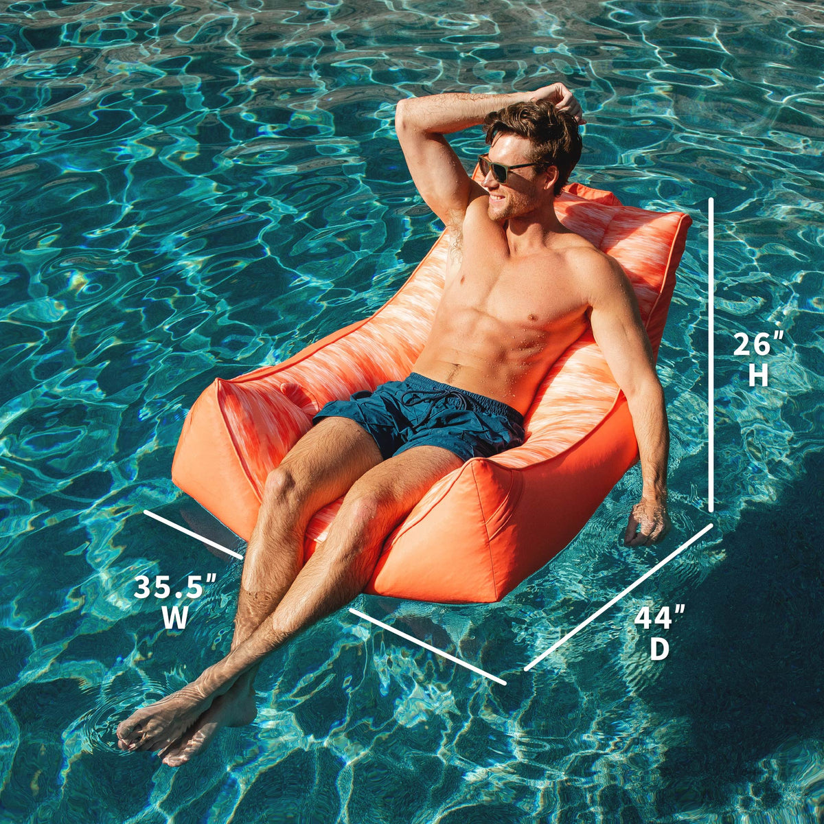 Man lounging on an pool chair in a pool with dimensions  #color_peach-glow