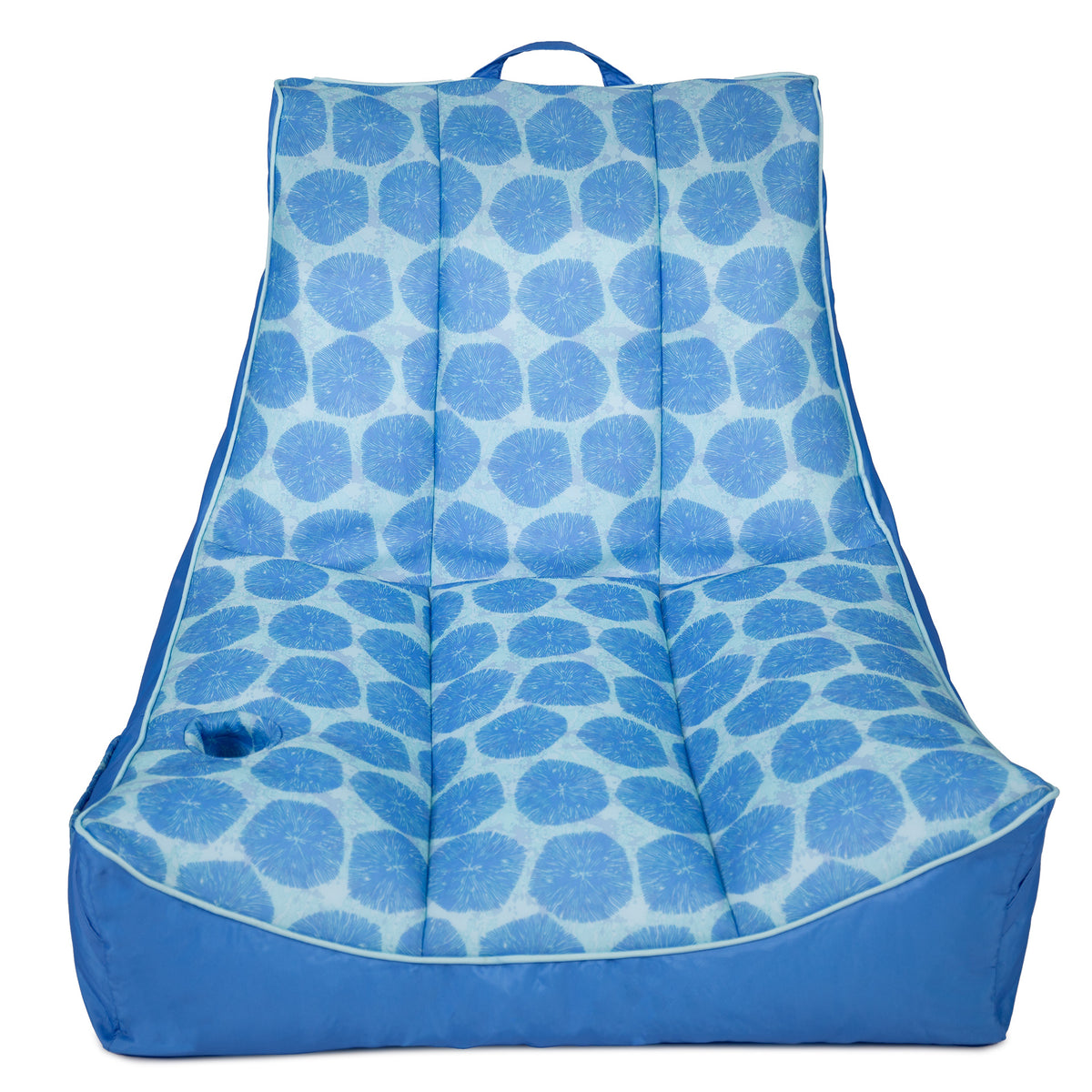 Blue patterned bean bag chair on a white background 