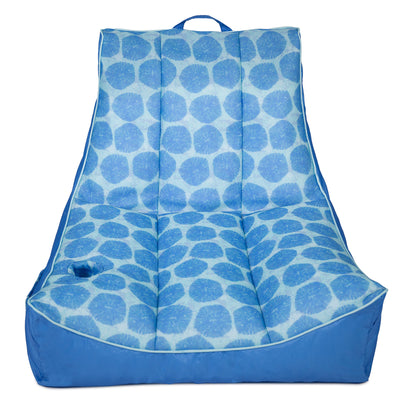Blue patterned bean bag chair on a white background 