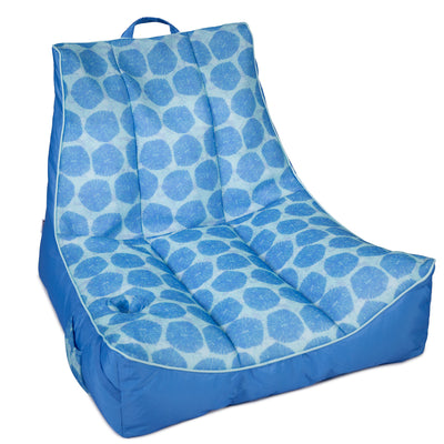 Blue patterned wedge seat cushion on a white background 