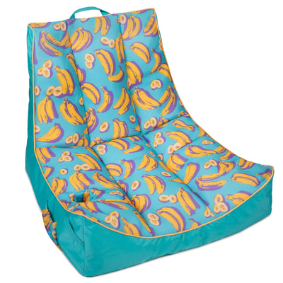 Blue bean bag chair with banana pattern on a white background 