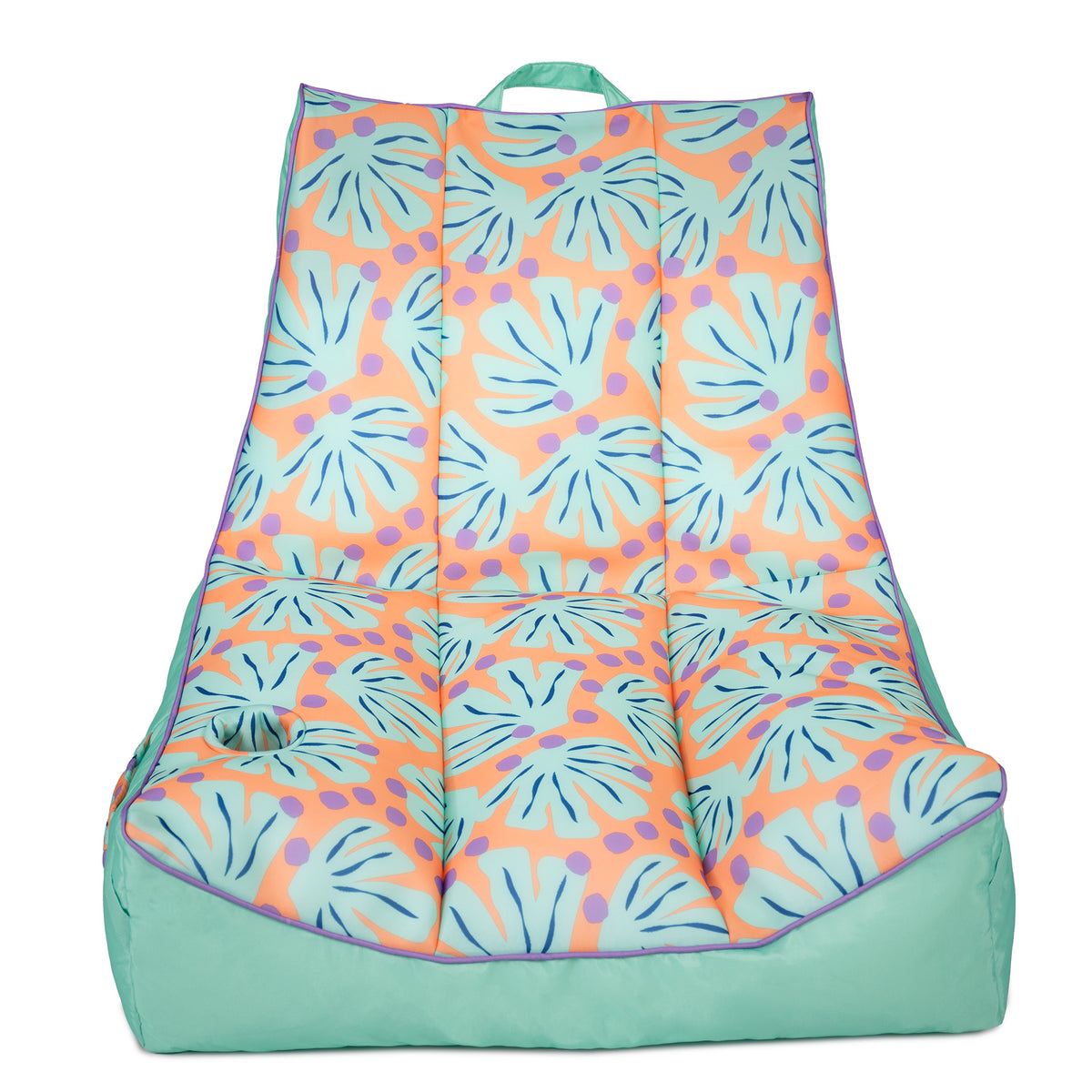 Colorful bean bag chair with a tropical leaf pattern on a white background 