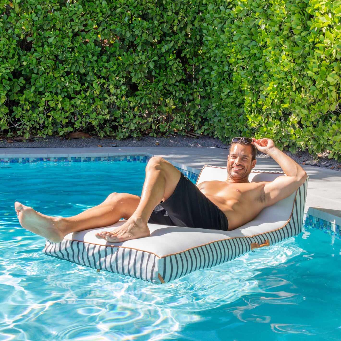Lux Inflatable chaise fabric lined pool float #color_black-and-white-cape-stripe