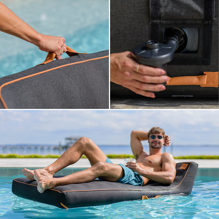 Collage of a portable pool float being used by a person by a pool. #color_twilight-sunbrella-fabric