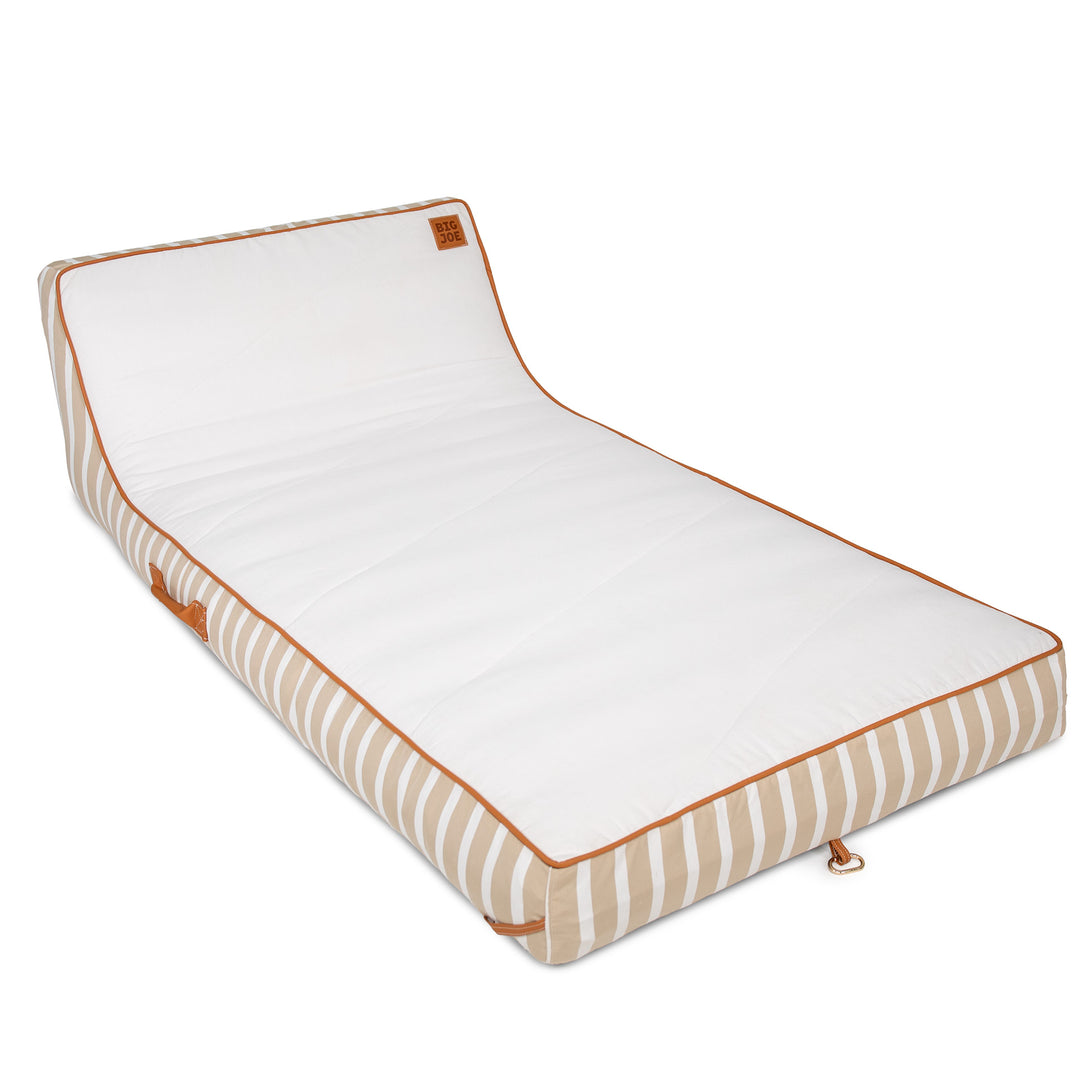 White pool float with brown striped border on a white background #color_sand-stripe-sunbrella-fabric