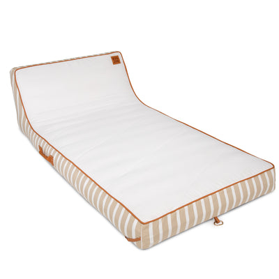 White pool float with brown striped border on a white background 