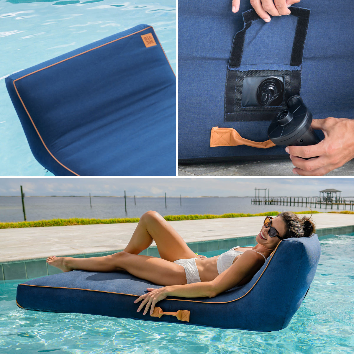 Collage of a blue inflatable pool lounge, being inflated, and a person relaxing on it by a pool. 
