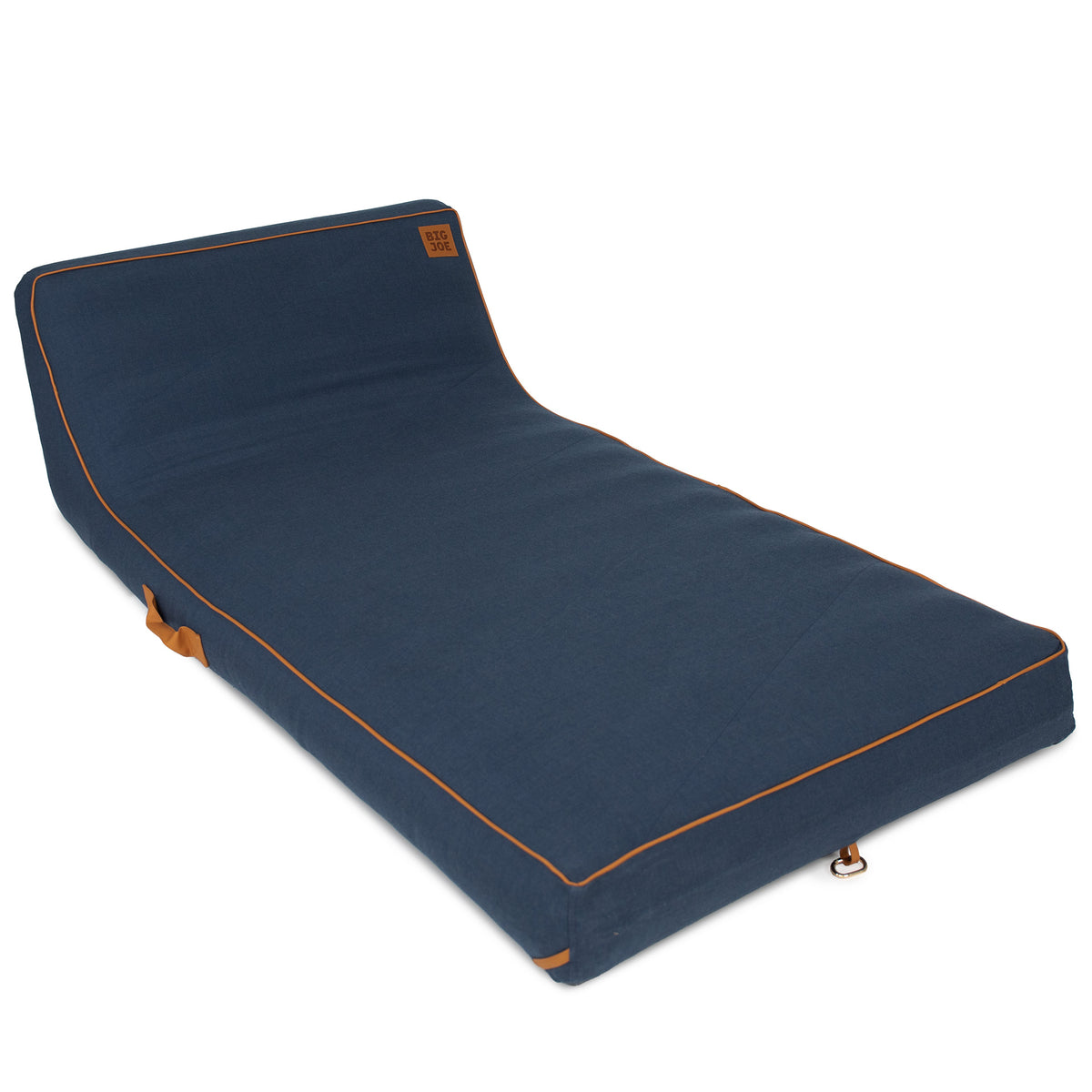 Blue pool float with brown trim on a white background 