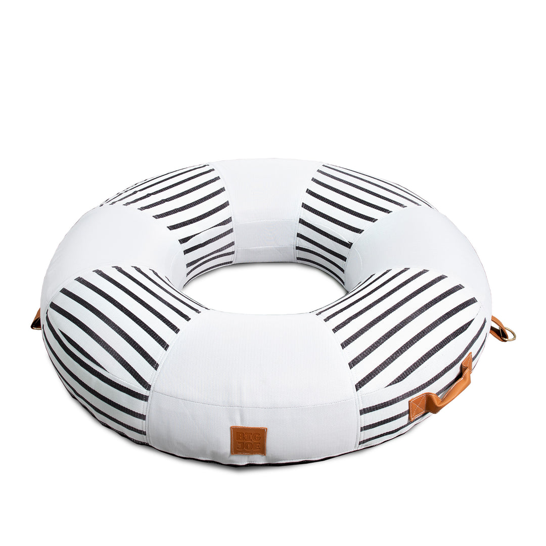 Front view Lux inflatable pool ring with fabric cover #color_black-and-white-cape-stripe