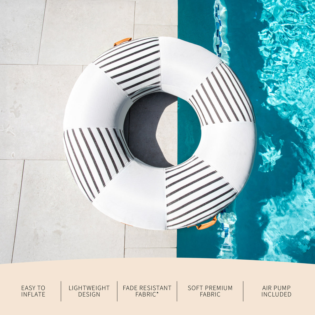 Features Lux inflatable pool ring with fabric cover 