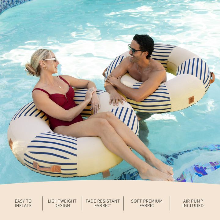 Features Lux inflatable pool ring with fabric cover #color_navy-and-ivory-stripe