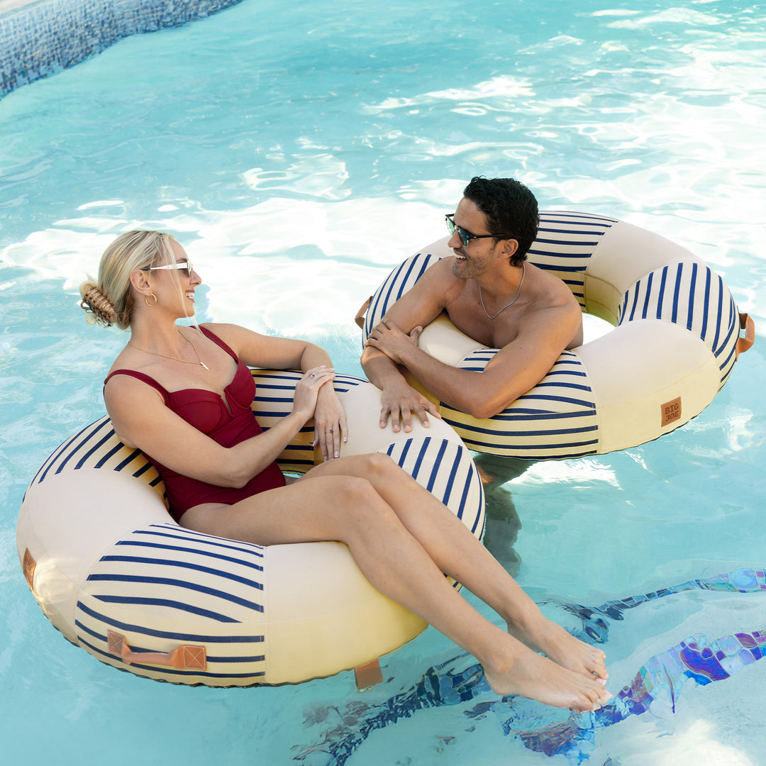 Lux inflatable pool ring with fabric cover #color_navy-and-ivory-stripe