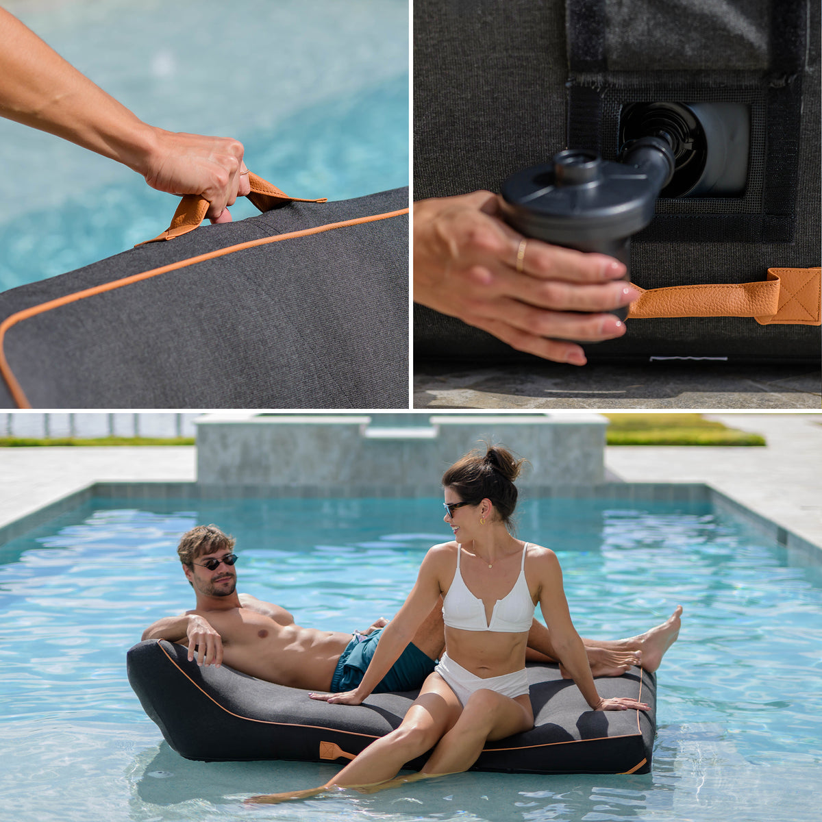 Collage of a pool float being held, inflated, and used by a couple in a pool. 