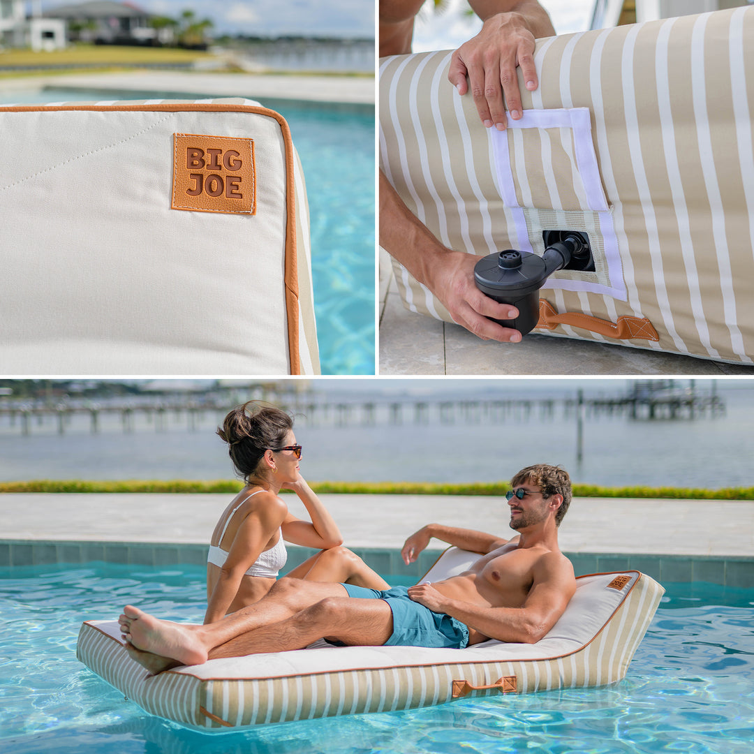 Collage of a Big Joe inflatable pool float with a person using a pump, and two people sitting on it by a pool. #color_sand-stripe-sunbrella-fabric