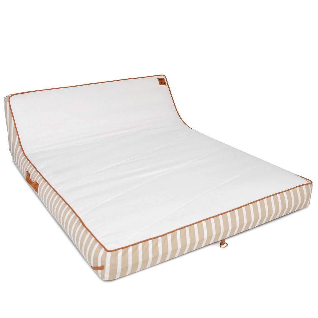 White pool float with brown stripes on a white background #color_sand-stripe-sunbrella-fabric