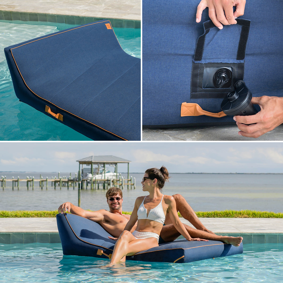 Collage of a blue inflatable pool lounge with a pump, being inflated, and people using it in a pool. 