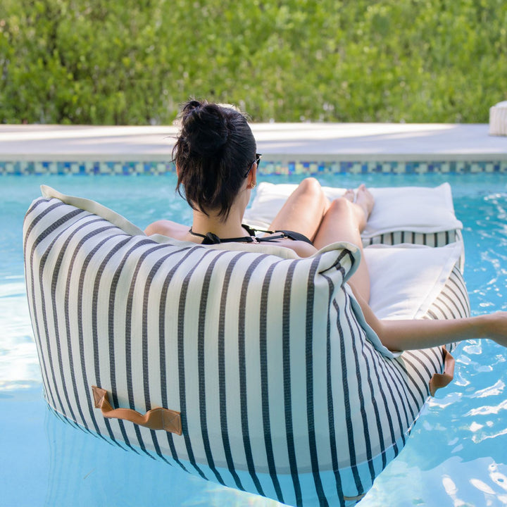 Pool lounger sealander float, ottoman connects to chair #color_black-and-white-cape-stripe