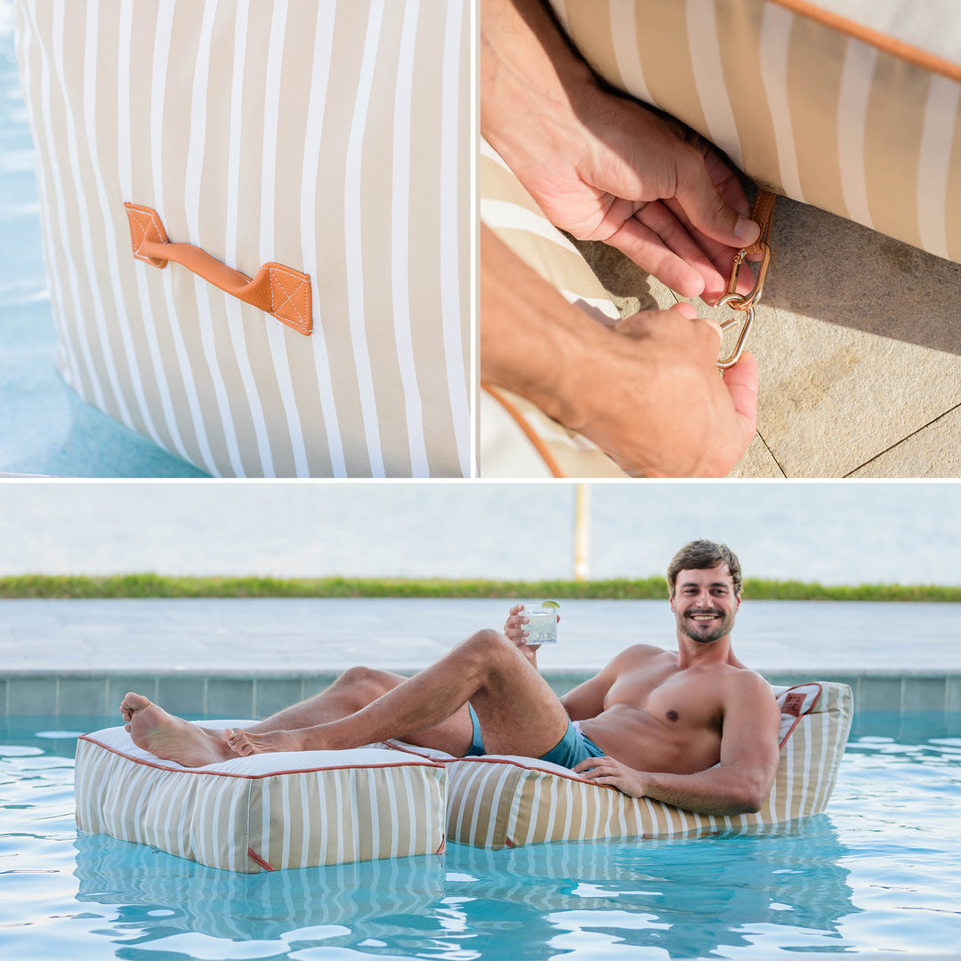 Collage of a striped pool floatie, a hand holding it, and a person relaxing on it in a pool. #color_sand-stripe-sunbrella-fabric