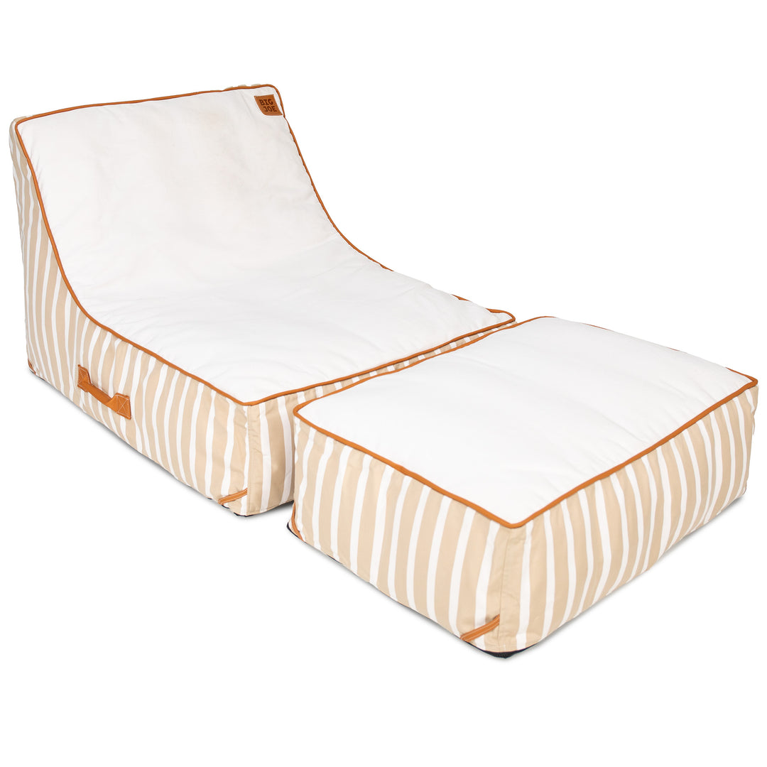 Striped lounge chair and ottoman set on a white background #color_sand-stripe-sunbrella-fabric