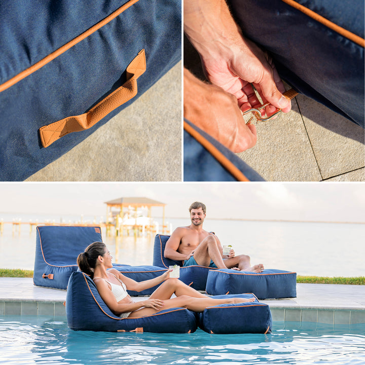 Collage of a blue pool lounge with brown handles, a close-up of a hand holding a key, and two people using the lounge by a pool. #color_harbor-blue-sunbrella-fabric