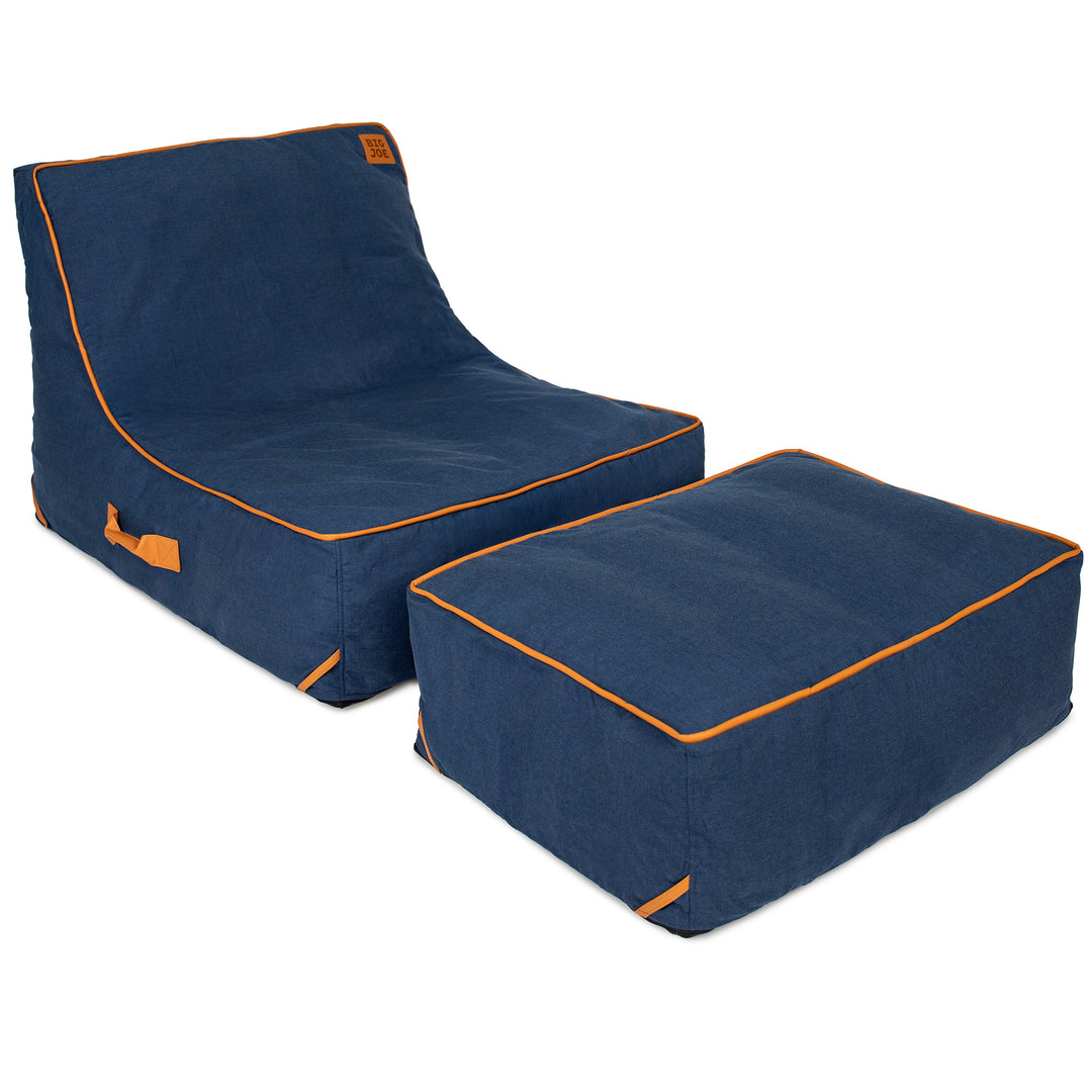 Blue bean bag chair with orange piping on a white background #color_harbor-blue-sunbrella-fabric