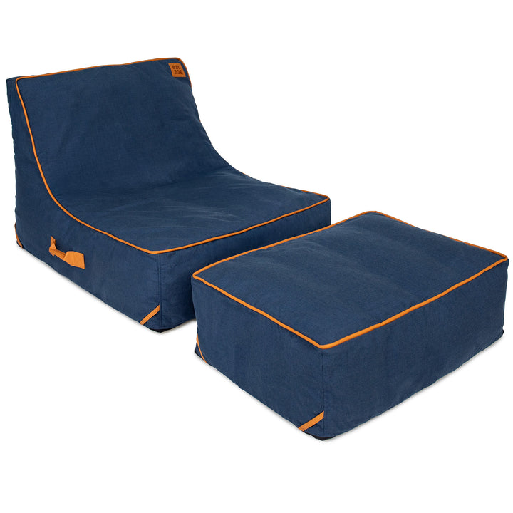 Blue bean bag chair with orange piping on a white background #color_harbor-blue-sunbrella-fabric