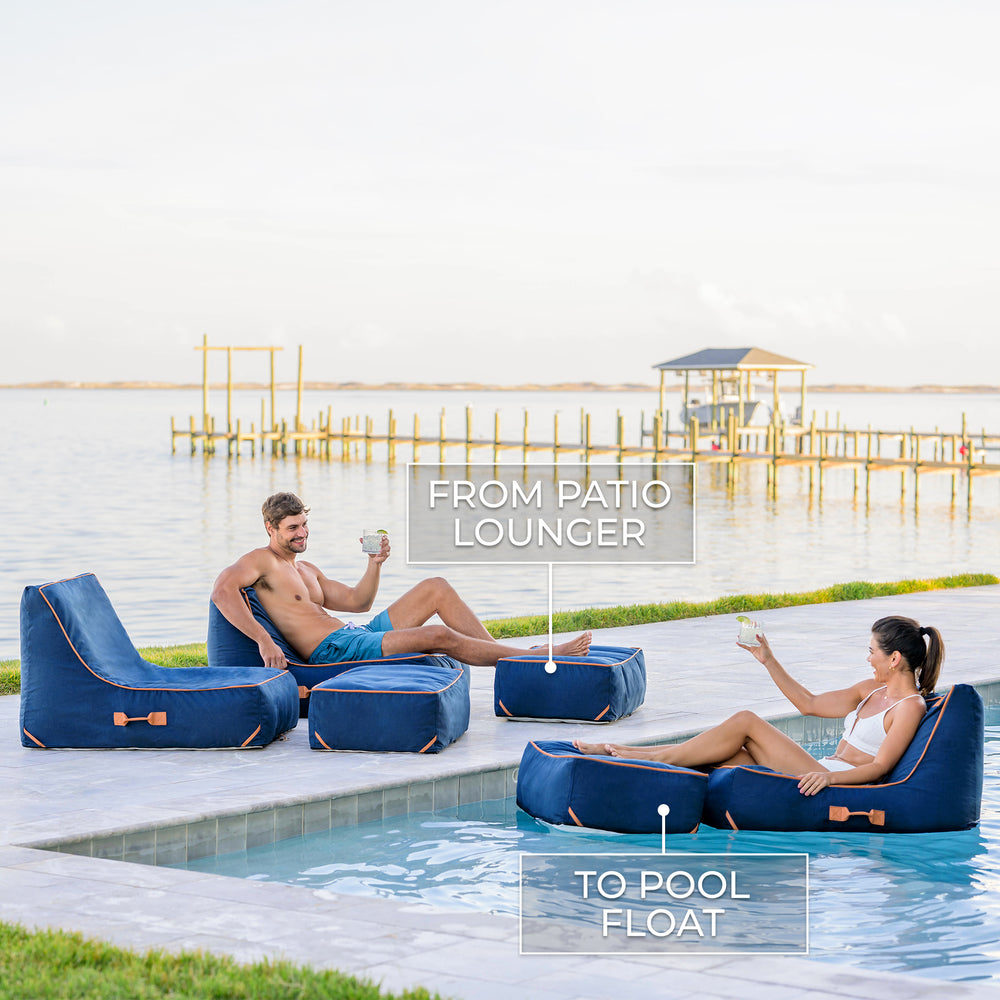 Blue patio lounger transforming into a pool float with people using it by a pool. #color_harbor-blue-sunbrella-fabric