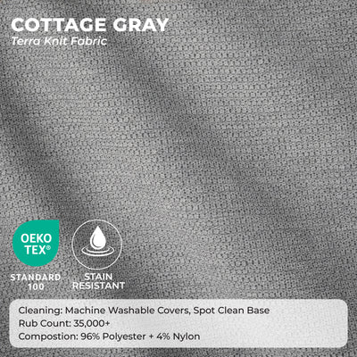 Gray terracotta knit fabric texture close-up with white text reading 'COTTAGE GRAY Terra Knit Fabric,' plus OEKO-TEX Standard 100 and stain resistant badges and a cleaning/composition note at the bottom. 