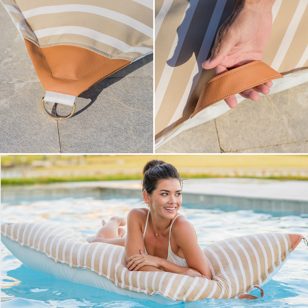 Collage of a striped inflatable pool float with a handle, held by a hand, and a woman lying on it in a pool. 