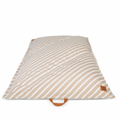 Striped pool float with brown handles on a white background 
