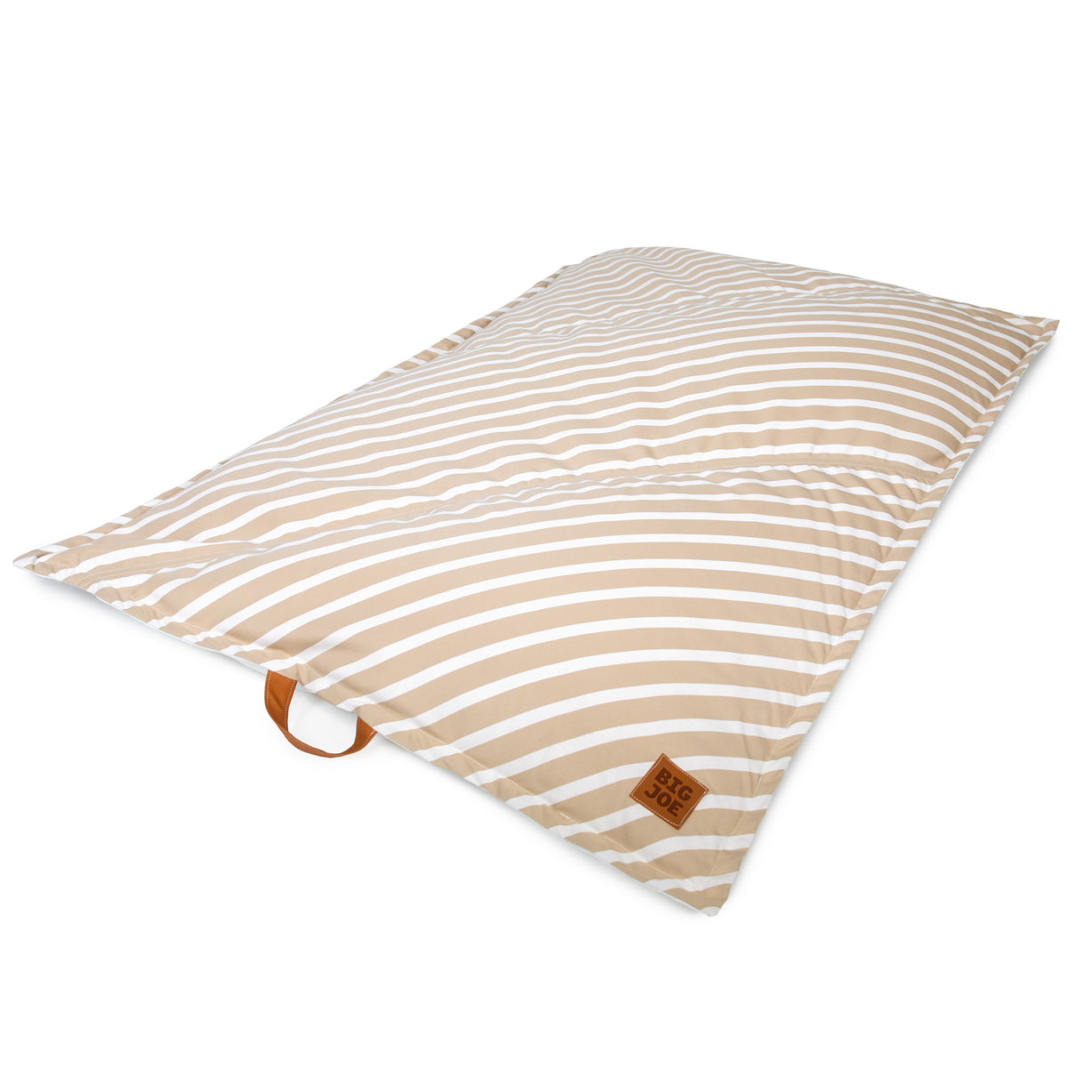 Striped pool float pillow with a brand logo on a white background 