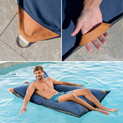 Collage of a blue inflatable pool float with brown handle, close-up of handle, and a person lying on the float in water. 
