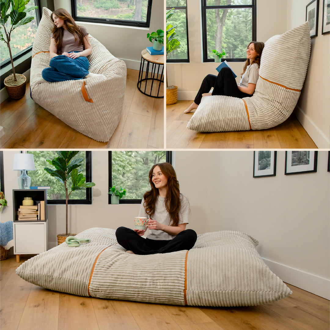 Three-panel lifestyle photo showing a large ribbed bean bag chair in a bright room. The top-left panel shows a woman sitting cross-legged inside the chair. 