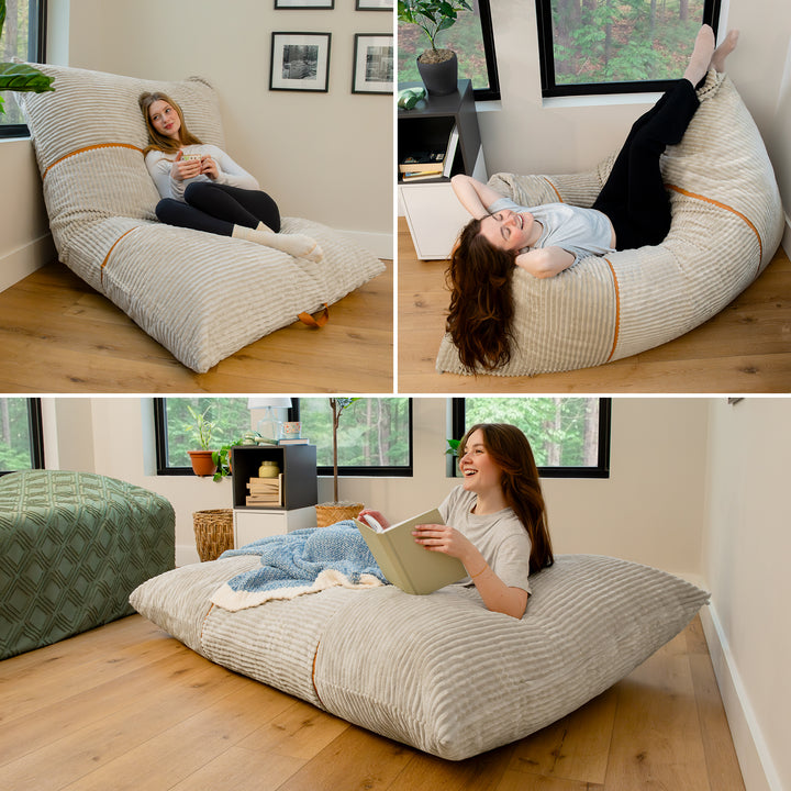 Three-panel lifestyle photo collage showing a large ribbed floor cushion/bean bag chair in a home interior. A woman is reclining on the cushion in two top panels, and in the bottom panel she is reading on the cushion. 