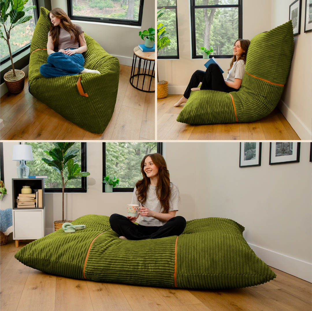 A three-panel collage showing a large ribbed green bean bag chair in different settings. The top panels show a woman sitting and reading inside the chair in a room with wood floors and windows. 