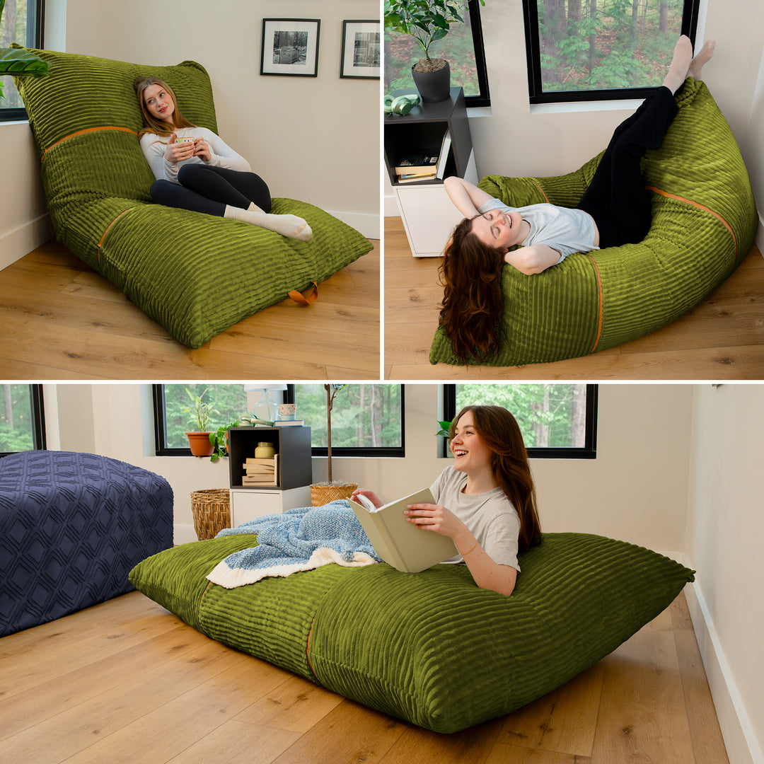 A three-panel collage showing a woman reclining on a large ribbed green floor cushion in a bright room with wood floors and windows. The cushion is shown in different angles, with one panel also including a blue cushion nearby. 