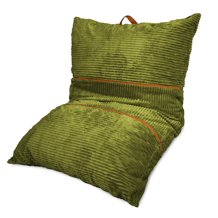 An olive green corduroy floor cushion with a matching backrest, featuring a thin orange-brown piping detail and a small brown loop handle on top, shown against a plain white background. 