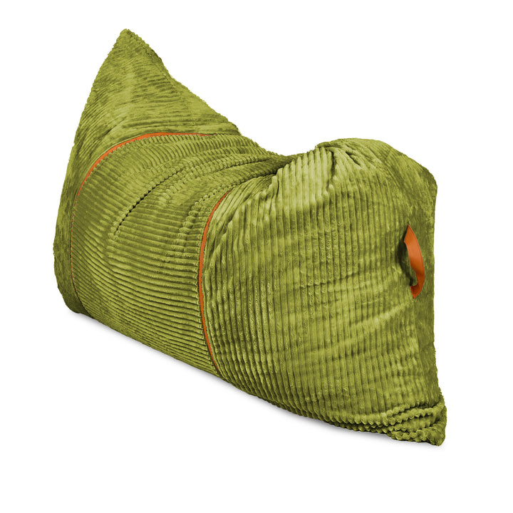 An olive green corduroy lumbar pillow with orange piping and a small orange leather logo tab, shown on a white background. 