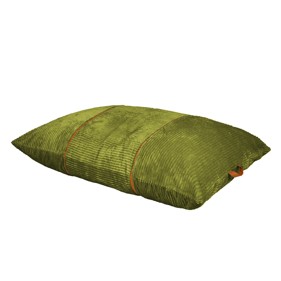 An olive green textured throw pillow with a ribbed corduroy-like fabric and a thin brown leather tie detail, shown on a plain white background. 