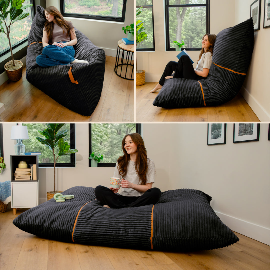 A three-panel collage showing a large black ribbed bean bag chair in a bright room, with a woman sitting on it in two top panels and a wider view of the chair in the bottom panel. 