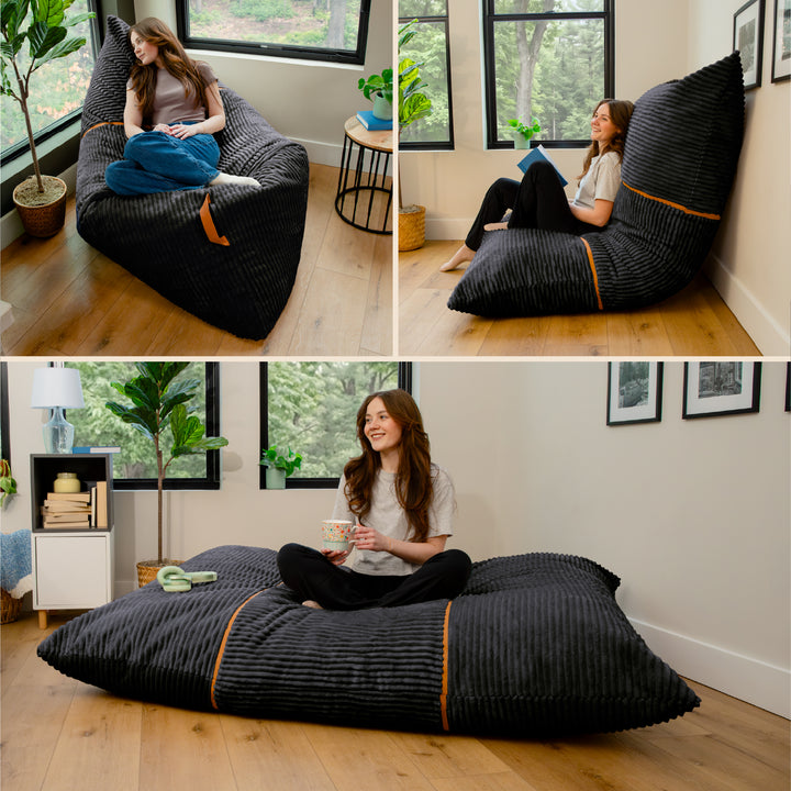 A three-panel collage showing a large black ribbed bean bag chair in a bright room, with a woman sitting on it in two top panels and a wider view of the chair in the bottom panel. 