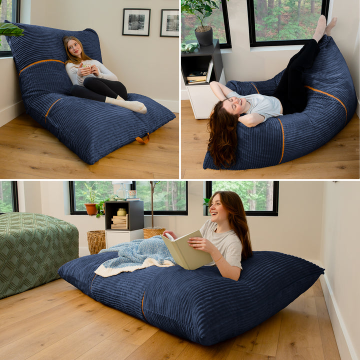 A three-panel collage showing a woman lounging on a large navy ribbed floor cushion in a bright room. In the top-left panel, she sits cross-legged on the cushion. 