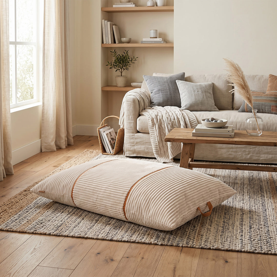 A large rectangular floor cushion with a beige and white striped corduroy-like texture and brown trim, styled in a bright, modern living room on a woven rug. 